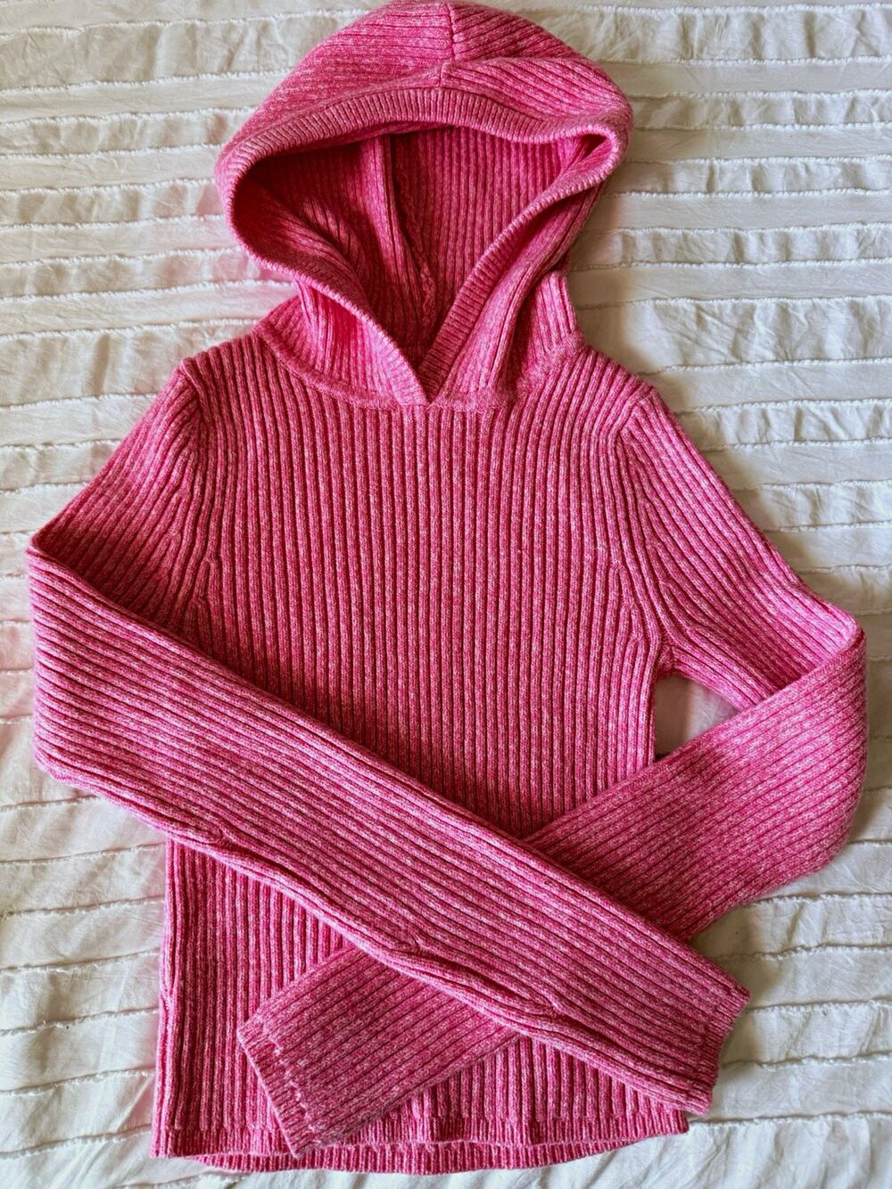 Aerie Pink Rib-Knit Hooded V-Neck Long Sleeve Pullover Sweater Womens